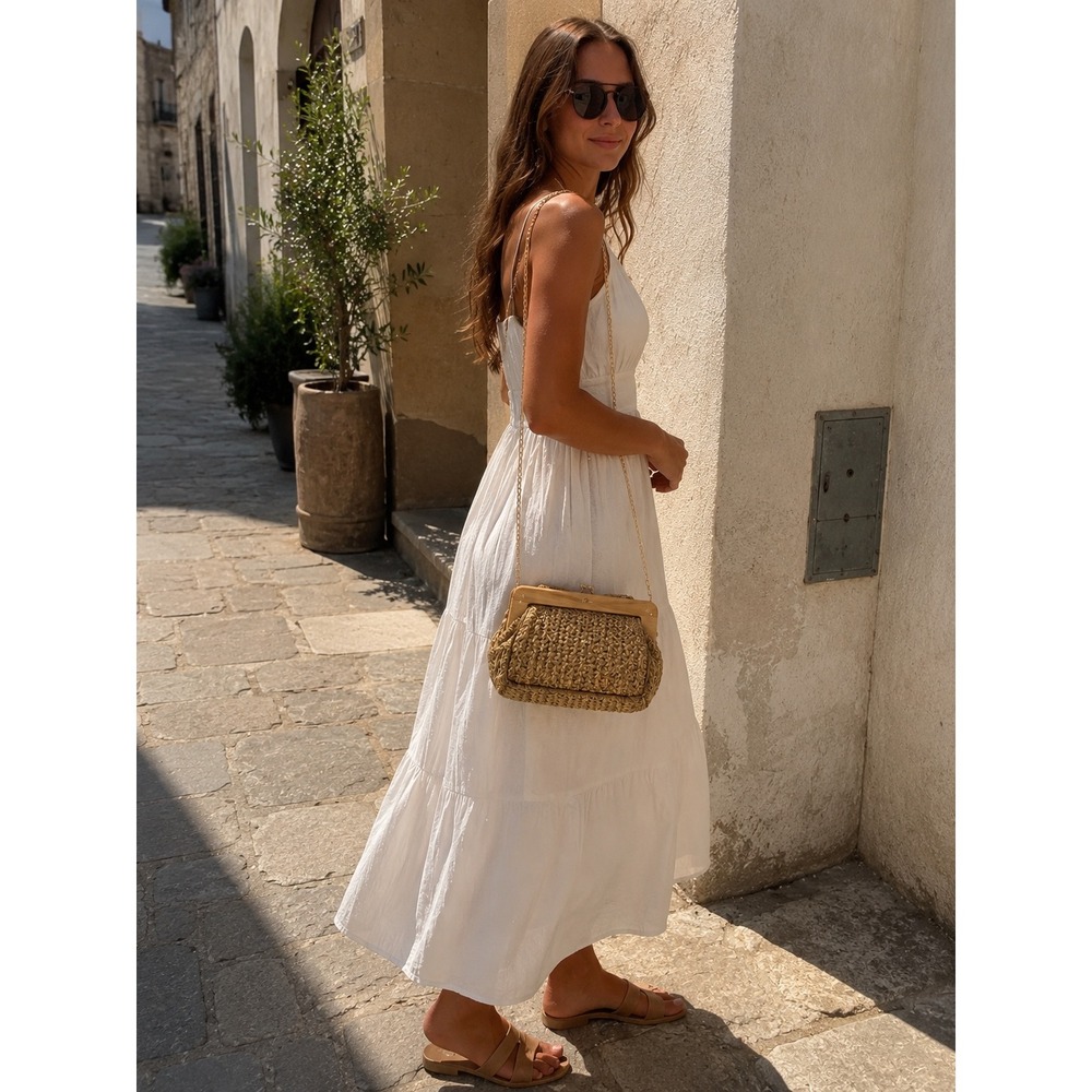 Urban Expressions Woven Straw Wood Frame Clutch Crossbody Bag Tan Gold Chain